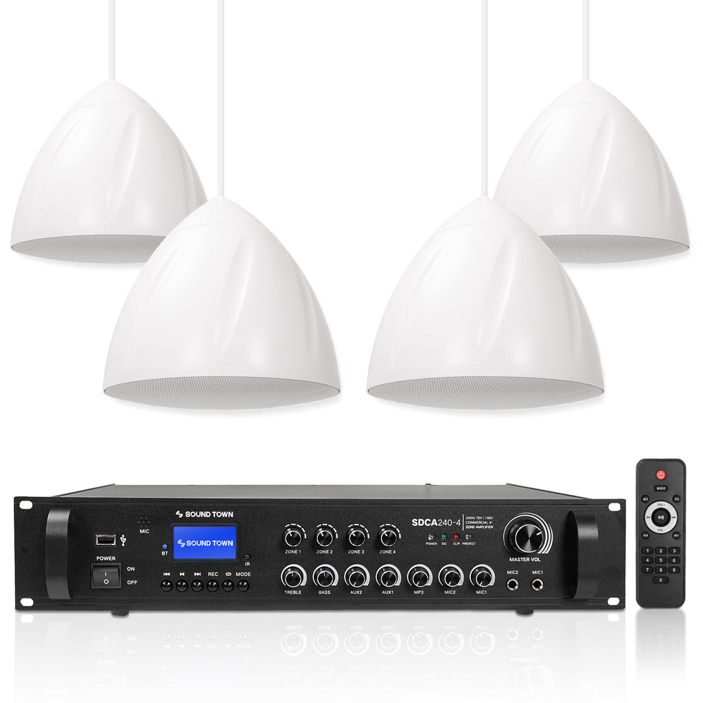 Sound Town SDCA240X4LR6W | 4-Zone 70V/100V Commercial Amplifier with Bluetooth and 4 x 6.5" Weatherproof Pendant Speakers for Indoor/Outdoor Installations, White