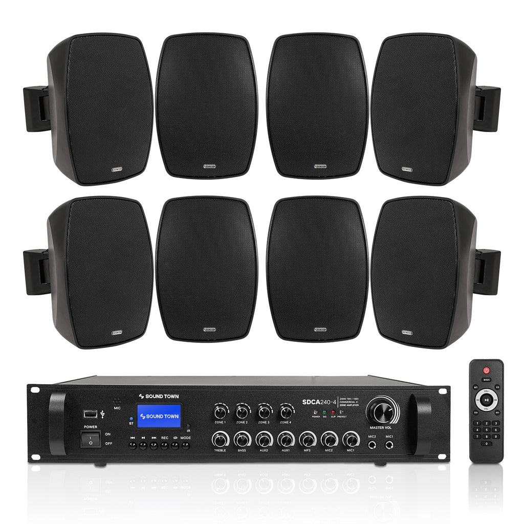 Sound Town SDCA240X8VL4B | 4-Zone 70V/100V Commercial Amplifier w/ Bluetooth & 8 x 4" Weatherproof Surface-Mount Speakers for Indoor/Outdoor Installations, Black
