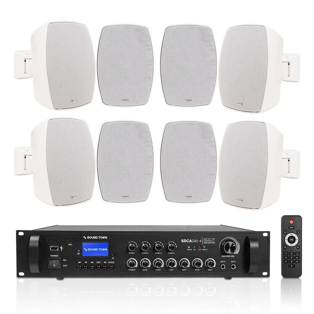 Sound Town SDCA240X8VL4W | 4-Zone 70V/100V Commercial Amplifier w/ Bluetooth & 8 x 4" Weatherproof Surface-Mount Speakers for Indoor/Outdoor Installations, White