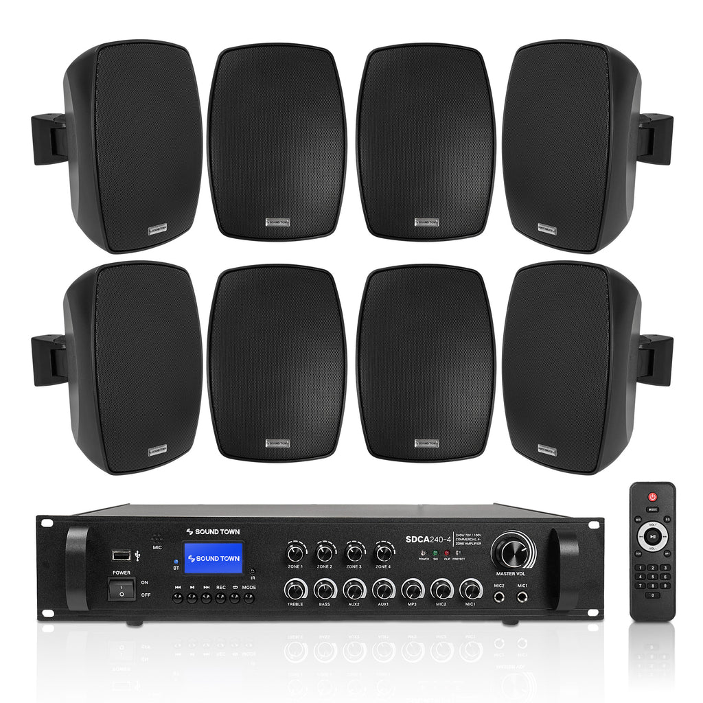 Sound Town SDCA240X8VL5B | 4-Zone 70V/100V Commercial Amplifier w/ Bluetooth, 8 x 5.25" Weatherproof Surface-Mount Speakers, Indoor/Outdoor Installations, Black