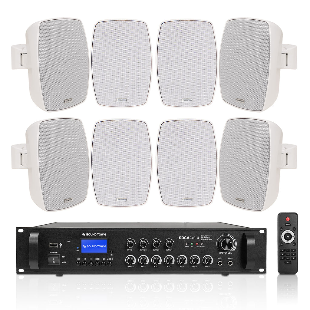 Sound Town SDCA240X8VL5W | 4-Zone 70V/100V Commercial Amplifier w/ Bluetooth, 8 x 5.25" Weatherproof Surface-Mount Speakers, Indoor/Outdoor Installations, White