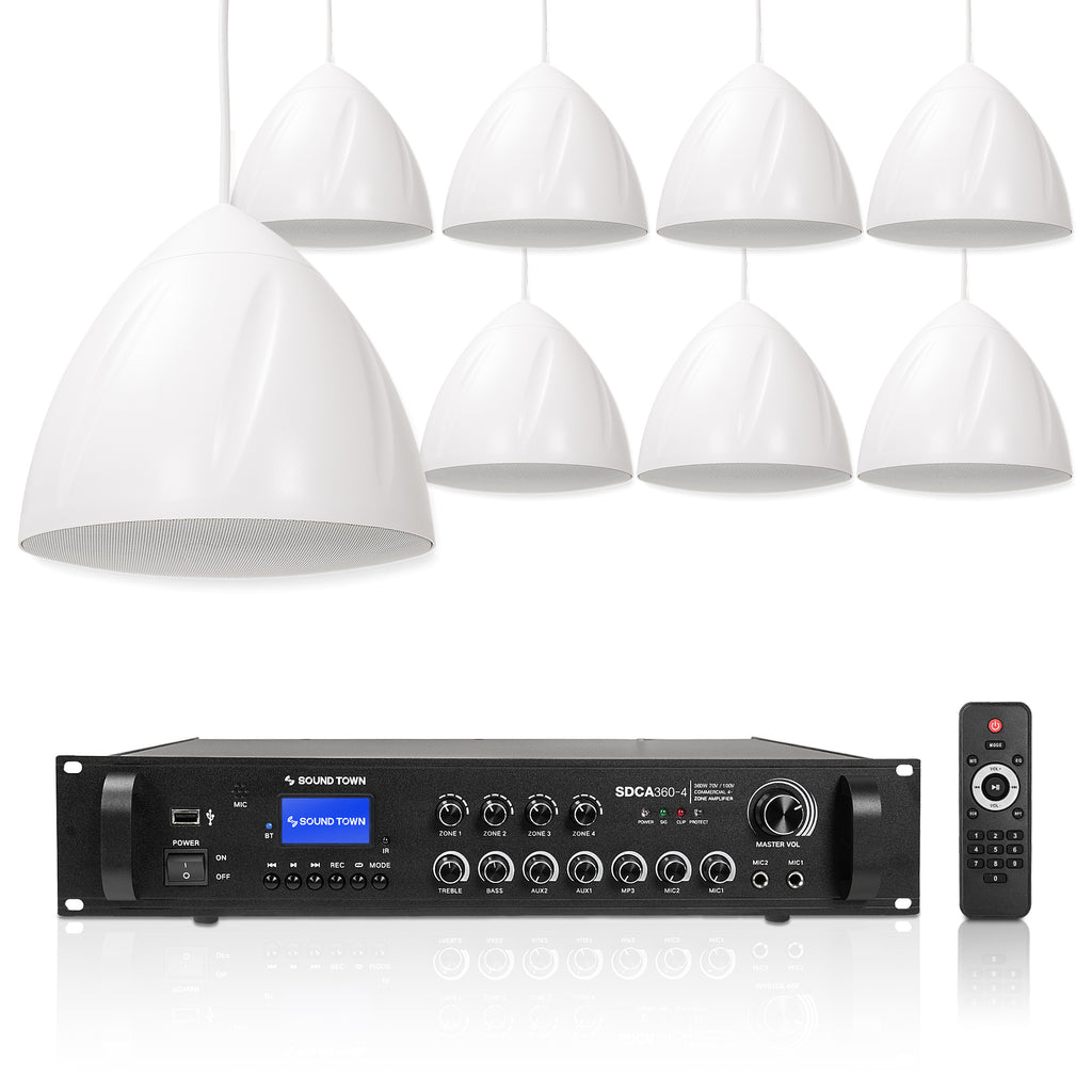 Sound Town SDCA360X8LR5W | 4-Zone 70V/100V Commercial Amplifier with Bluetooth & 8 x 5.25" Weatherproof Pendant Speakers for Indoor/Outdoor Installations, White