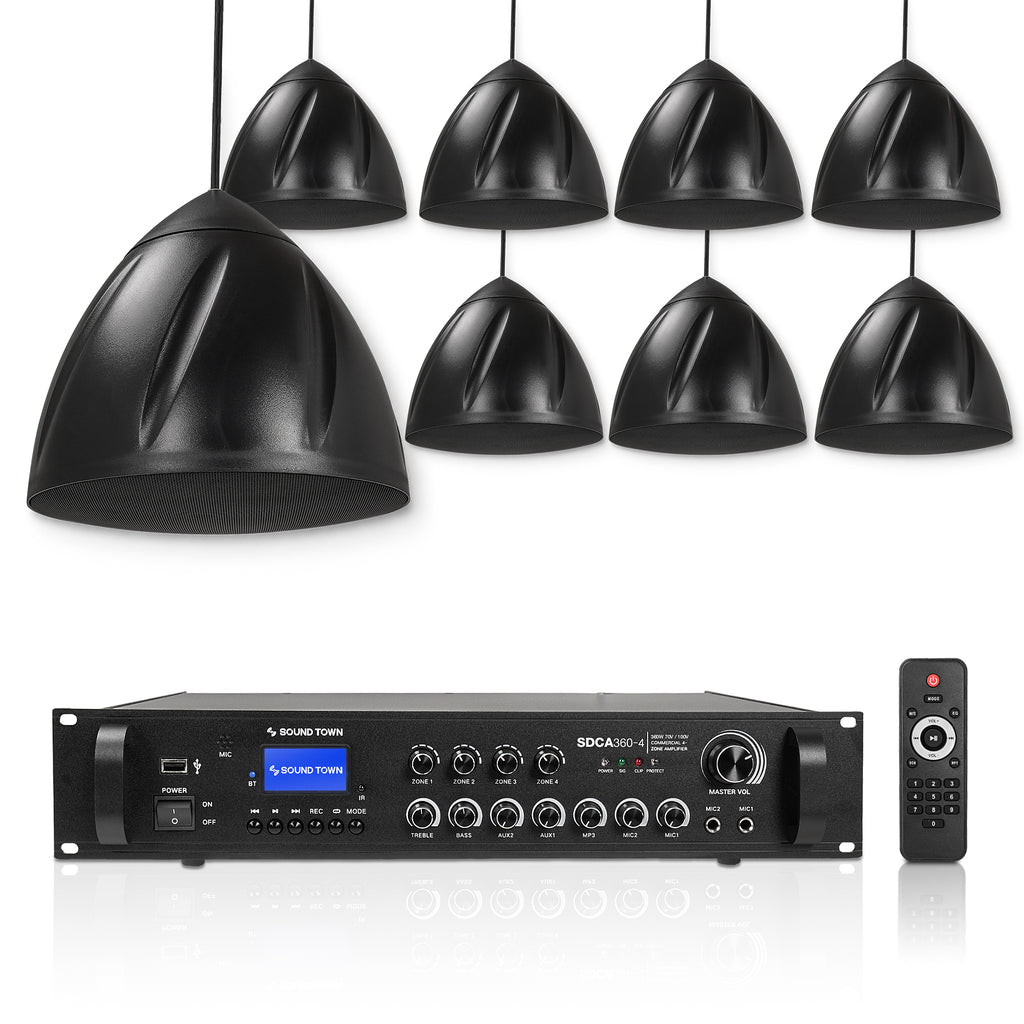 Sound Town SDCA360X8LR6B | 4-Zone 70V/100V Commercial Amplifier with Bluetooth and 8 x 6.5" Weatherproof Pendant Speakers for Indoor/Outdoor Installations, Black