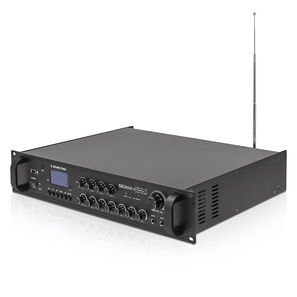 Sound Town SDCA500-4 | 500W 4-Zone 70V/100V Commercial Class-D Power Amplifier with Bluetooth for Restaurants, Lounges, Bars, Pubs, Warehouse-Left Angle 