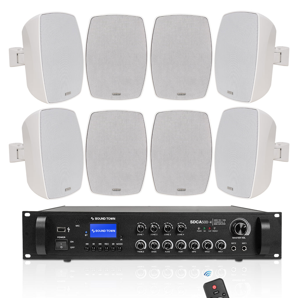Sound Town SDCA500X8VL6W | 4-Zone 70V/100V Commercial Amplifier w/ Bluetooth, 8 x 6.5" Weatherproof Surface-Mount Speakers for Indoor/Outdoor Installation, White