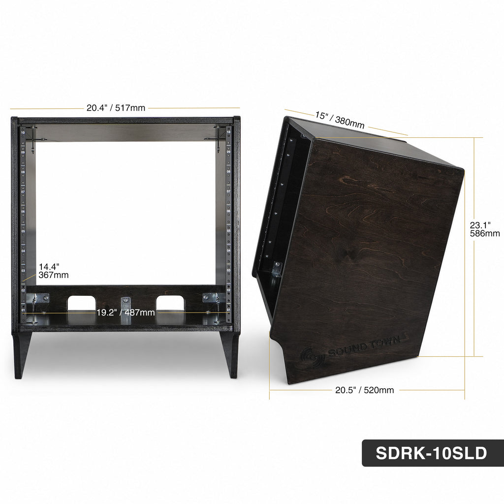 Sound Town SDRK-10SLD | DIY 10U Slanted Desktop Turret Studio Rack for Home Studio and Recording Room, Baltic Birch Plywood, Black Espresso - Size and Dimensions