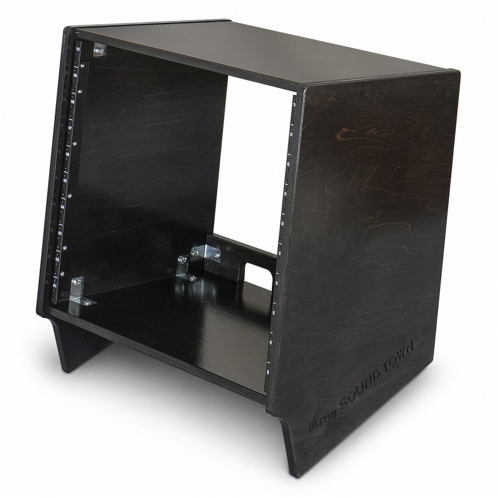 Sound Town SDRK-10SLD | DIY 10U Slanted Desktop Turret Studio Rack for Home Studio and Recording Room, Baltic Birch Plywood, Black Espresso - Left View