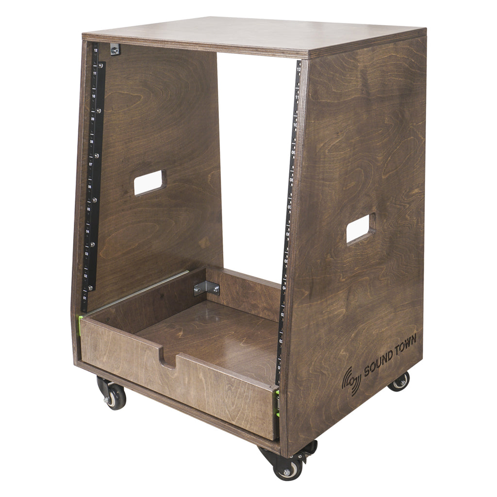Sound Town SDRK-12TBD2-R REFURBISHED: 12U DIY Slanted Studio Rack with 12U Rack Space, Extra 2U Drawer, Plywood, Rubber Feet, Casters, Weathered Brown - Side Logo
