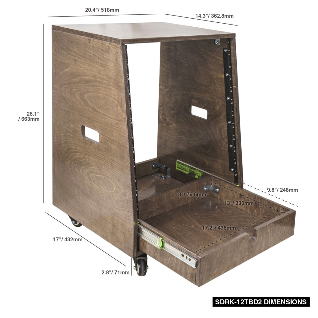 Sound Town SDRK-12TBD2-R REFURBISHED: 12U DIY Slanted Studio Rack with 12U Rack Space, Extra 2U Drawer, Plywood, Rubber Feet, Casters, Weathered Brown - Size and Dimensions