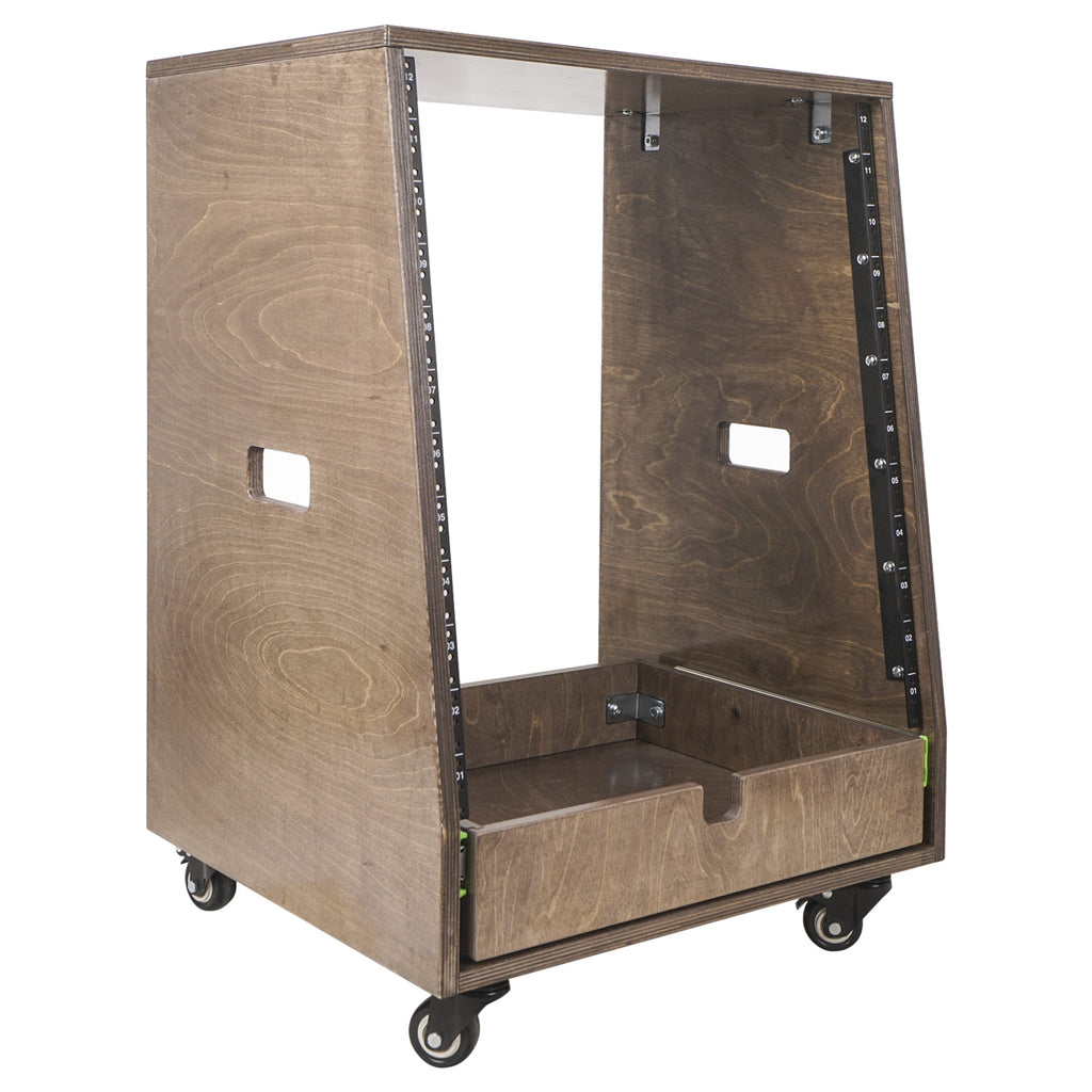 Sound Town SDRK-12TBD2-R REFURBISHED: 12U DIY Slanted Studio Rack with 12U Rack Space, Extra 2U Drawer, Plywood, Rubber Feet, Casters, Weathered Brown - for Recording Studio Equipment and Devices