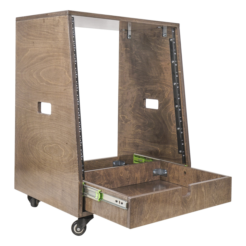 Sound Town SDRK-12TBD2-R REFURBISHED: 12U DIY Slanted Studio Rack with 12U Rack Space, Extra 2U Drawer, Plywood, Rubber Feet, Casters, Weathered Brown - Accessory Storage Pull-Out Tray