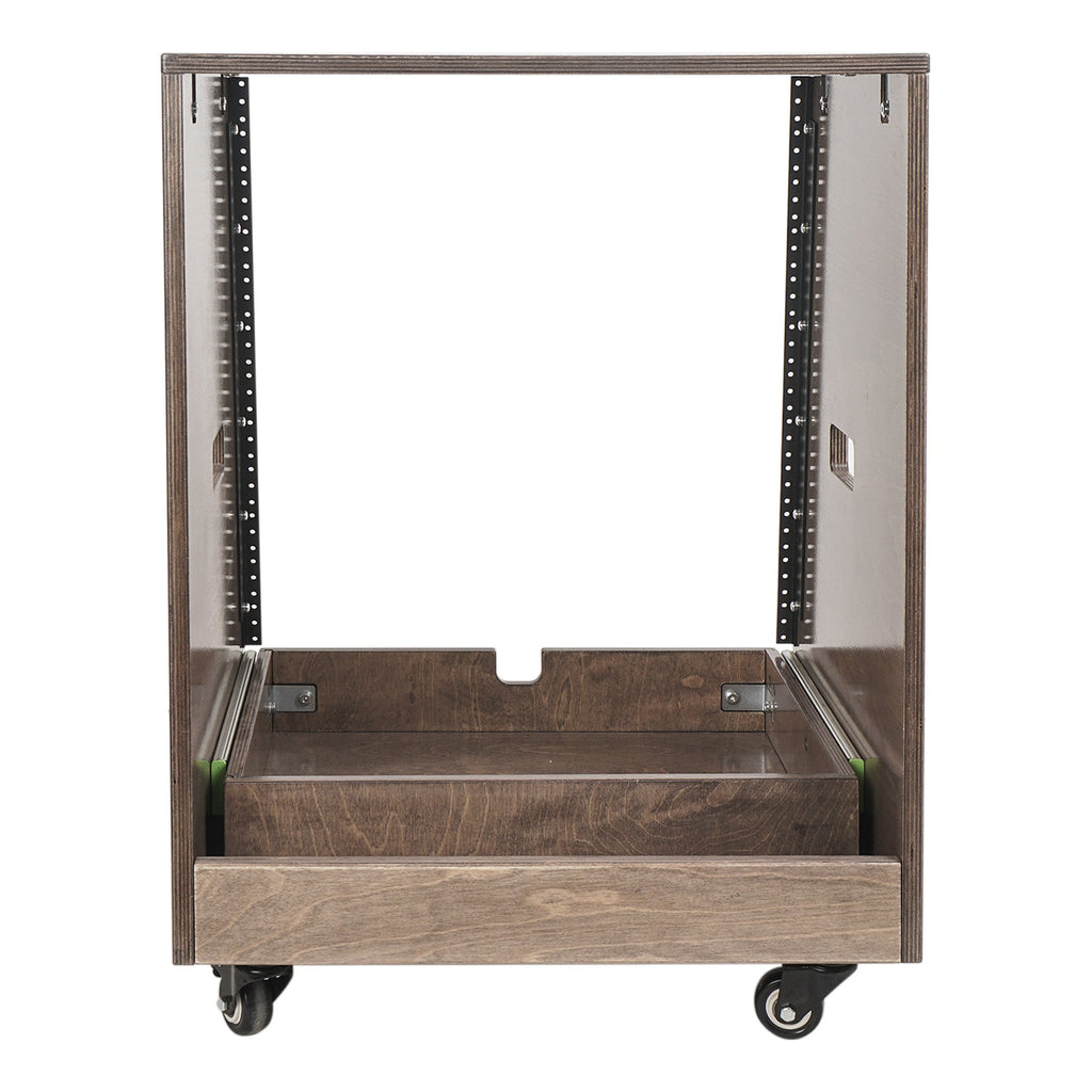 Sound Town SDRK-12TBD2-R REFURBISHED: 12U DIY Slanted Studio Rack with 12U Rack Space, Extra 2U Drawer, Plywood, Rubber Feet, Casters, Weathered Brown - Audio Equipment and Device Storage, Organization