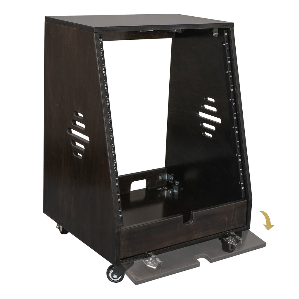 Sound Town SDRK-12TD | DIY 12U Slanted Studio Rack with 2U Lower Storage, Casters, for Home Studio and Recording Room, Baltic Birch Plywood, Black Espresso - Accessory Compartment