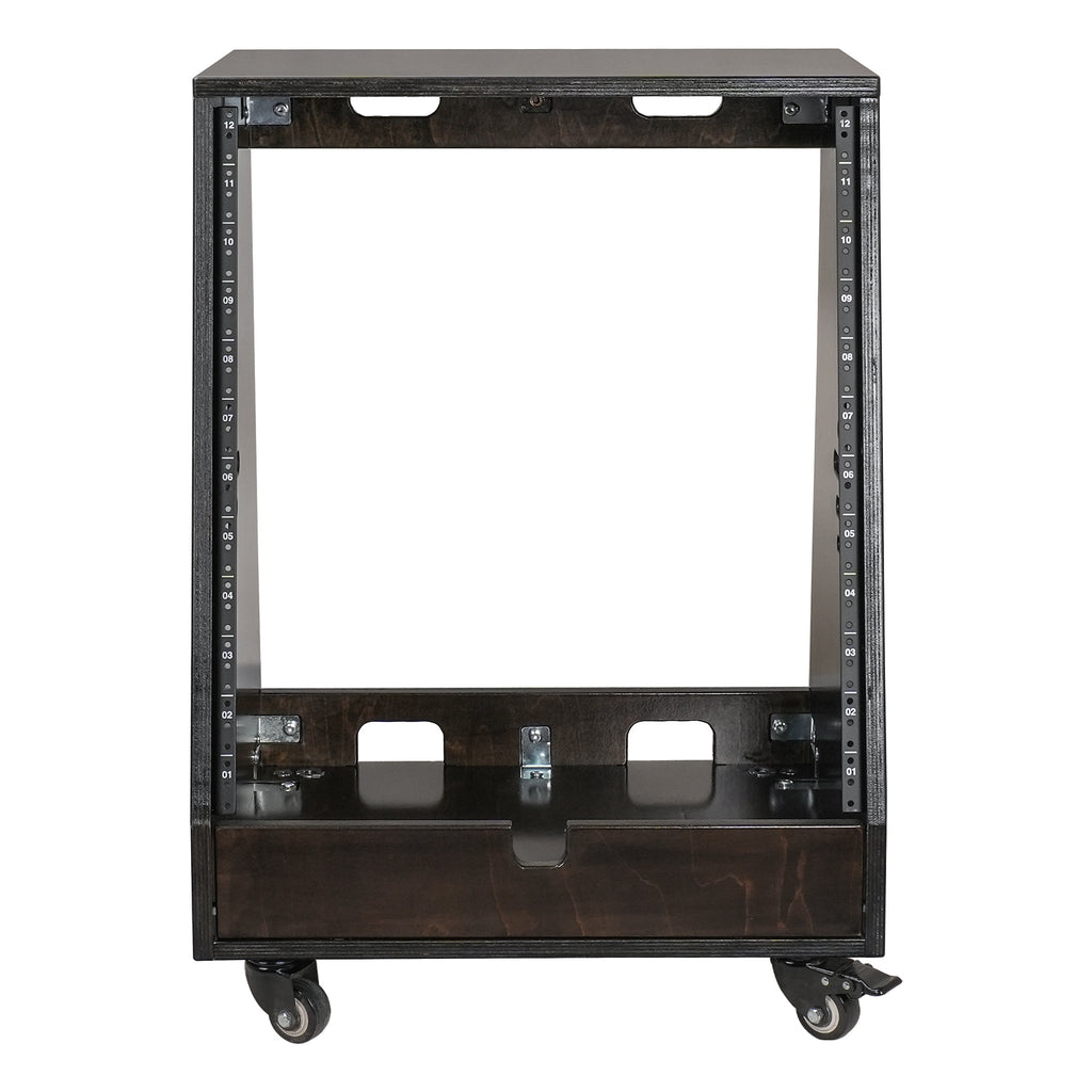 Sound Town SDRK-12TD | DIY 12U Slanted Studio Rack with 2U Lower Storage, Casters, for Home Studio and Recording Room, Baltic Birch Plywood, Black Espresso - Front Panel