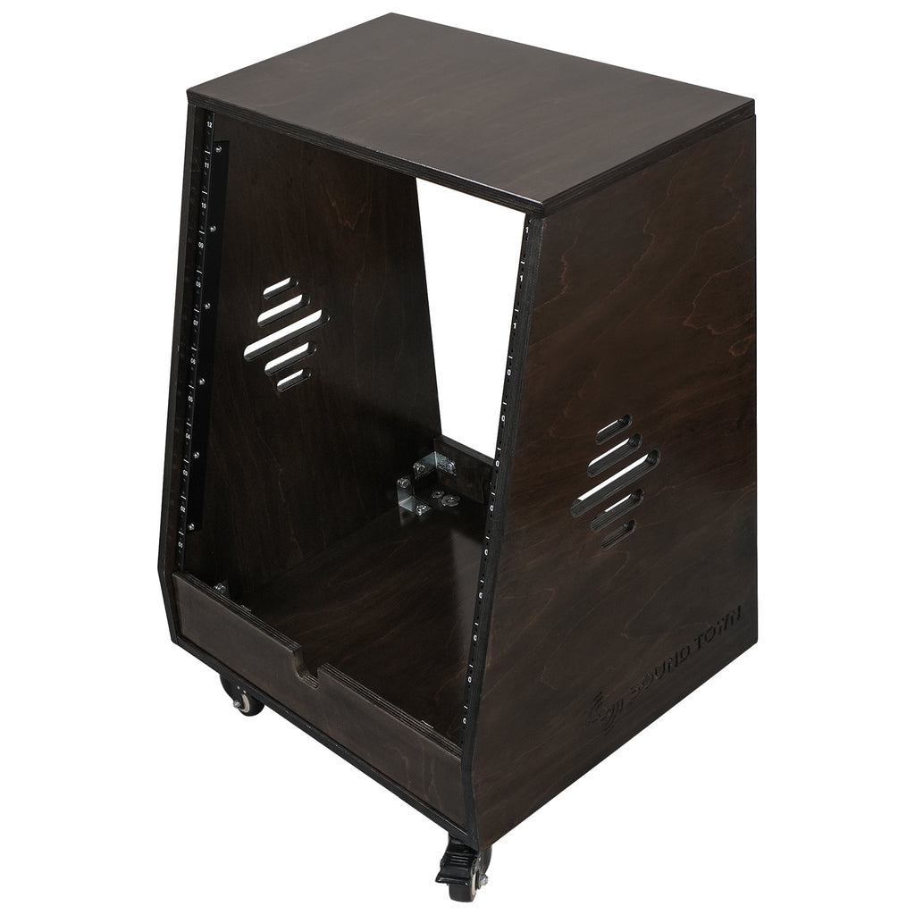 Sound Town SDRK-12TD | DIY 12U Slanted Studio Rack with 2U Lower Storage, Casters, for Home Studio and Recording Room, Baltic Birch Plywood, Black Espresso - Left View