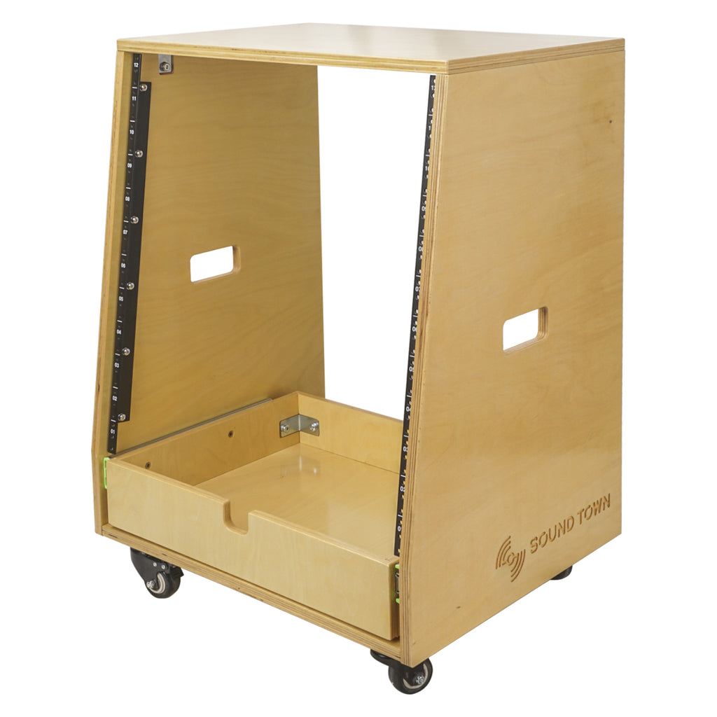 Sound Town SDRK-12TD2-R REFURBISHED: 12U DIY Slanted Studio Rack with 12U Rack Space, Extra 2U Drawer, Plywood, Rubber Feet, Casters, Golden Oak - Side Logo