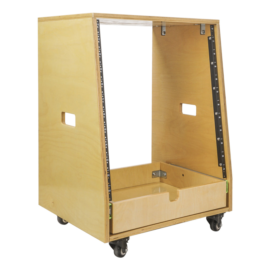 Sound Town SDRK-12TD2-R REFURBISHED: 12U DIY Slanted Studio Rack with 12U Rack Space, Extra 2U Drawer, Plywood, Rubber Feet, Casters, Golden Oak - Angled Design