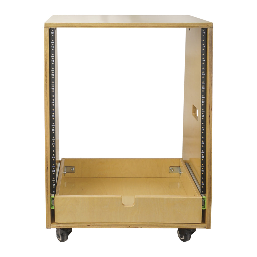 Sound Town SDRK-12TD2-R REFURBISHED: 12U DIY Slanted Studio Rack with 12U Rack Space, Extra 2U Drawer, Plywood, Rubber Feet, Casters, Golden Oak - Rackmount, Rack-mountable