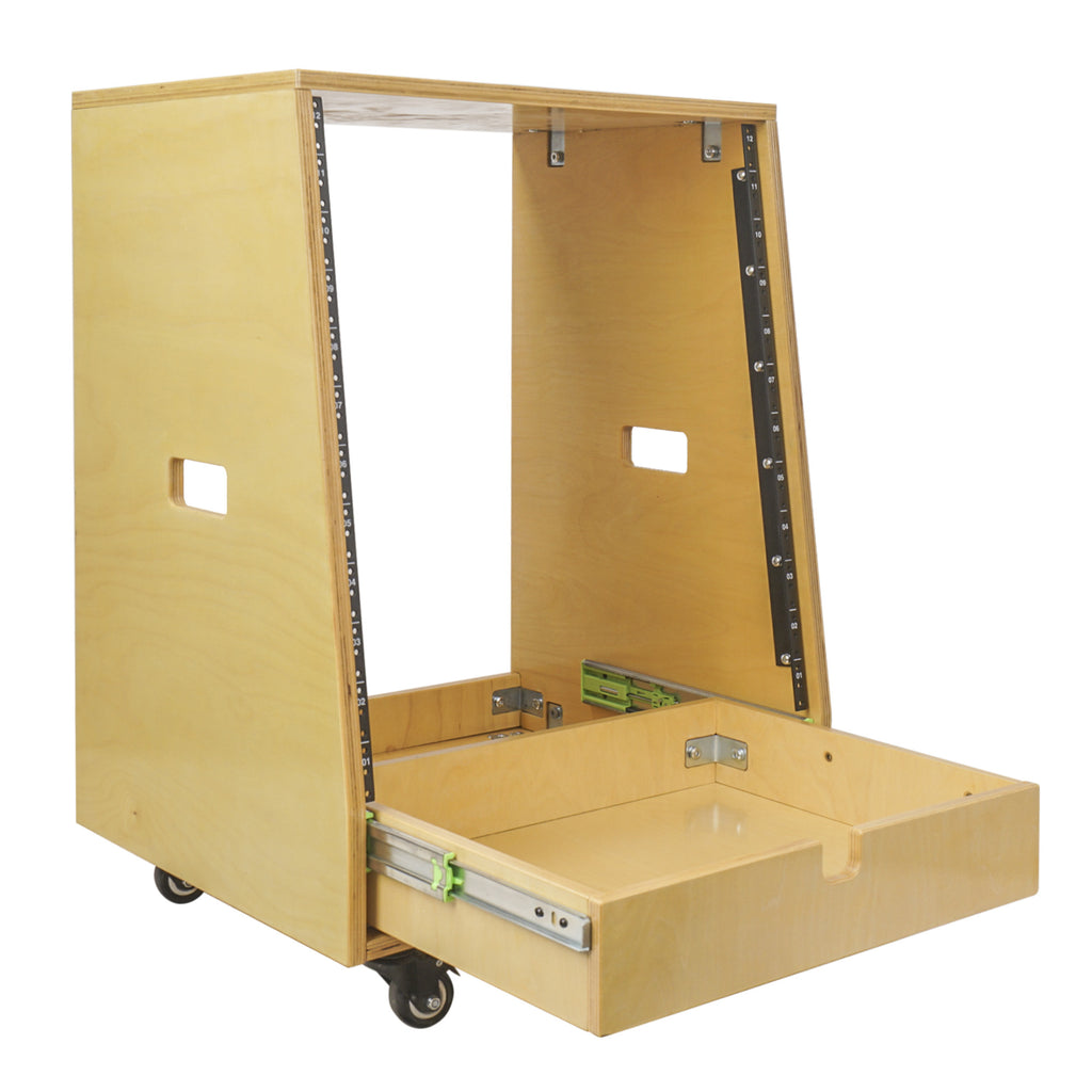 Sound Town SDRK-12TD2-R REFURBISHED: 12U DIY Slanted Studio Rack with 12U Rack Space, Extra 2U Drawer, Plywood, Rubber Feet, Casters, Golden Oak - Accessory Storage Compartment