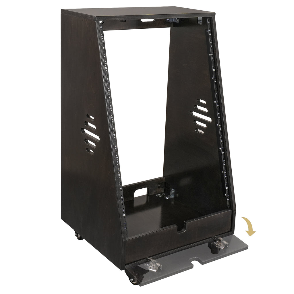 Sound Town SDRK-16TD | DIY 16U Slanted Studio Rack with 2U Lower Storage, Casters, for Home Studio and Recording Room, Baltic Birch Plywood, Black Espresso - Accessory Compartment