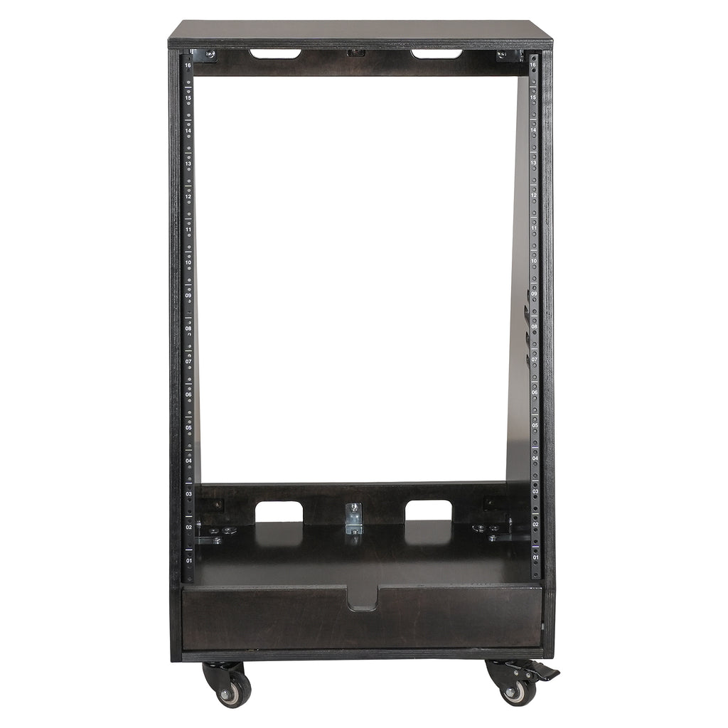 Sound Town SDRK-16TD | DIY 16U Slanted Studio Rack with 2U Lower Storage, Casters, for Home Studio and Recording Room, Baltic Birch Plywood, Black Espresso - Front Panel