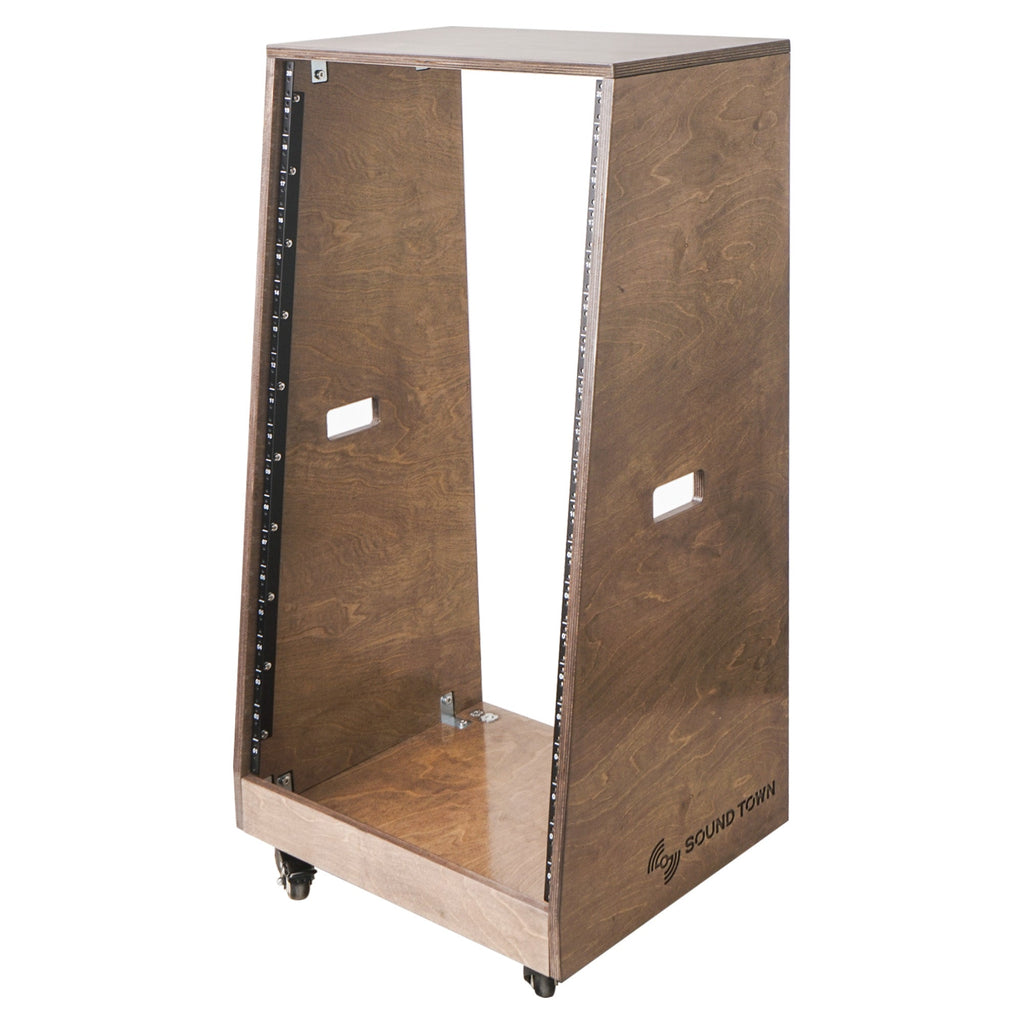 Sound Town SDRK-20TB-R | REFURBISHED: DIY Slanted 20U Studio & Recording Rack, Plywood, Weathered Brown, with Rubber Feet, Casters - Left Side with go, PA Equipment Cabinet