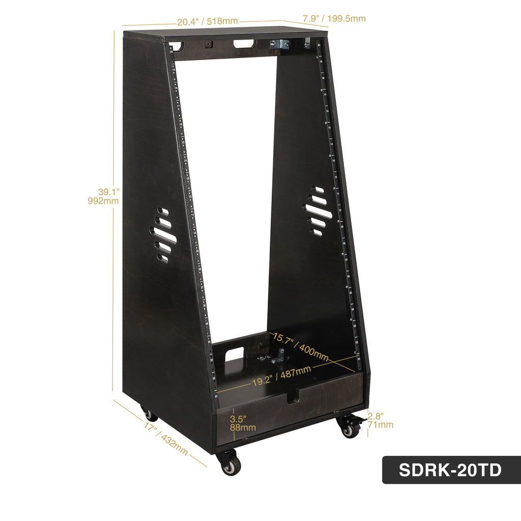 Sound Town SDRK-20TD | DIY 20U Slanted Studio Rack with 2U Lower Storage, Casters, for Home Studio and Recording Room, Baltic Birch Plywood, Black Espresso - Size and Dimensions