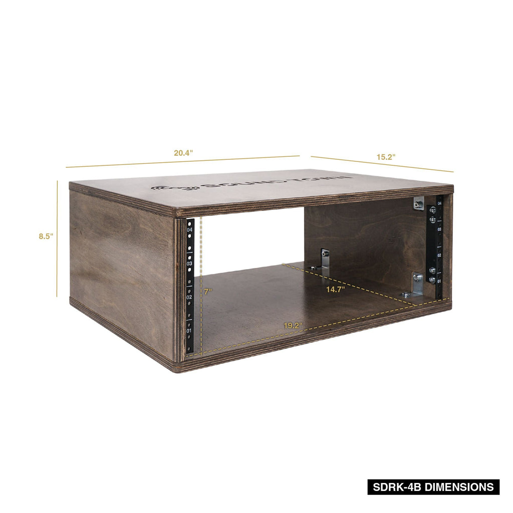 Sound Town SDRK-4B-R | REFURBISHED: 4U (4-Space) Studio Equipment Rack with Birch Plywood, for Recording Room, PA/DJ Pro Audio, Home Audio, Weathered Brown - Interior and Exterior Size & Dimensions