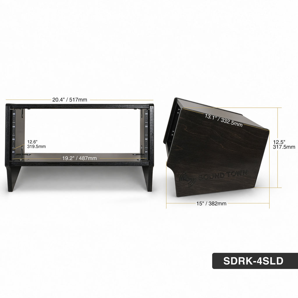 Sound Town SDRK-6SLD | DIY 6U Slanted Desktop Turret Studio Rack for Home Studio and Recording Room, Baltic Birch Plywood, Black Espresso - Size and Dimensions