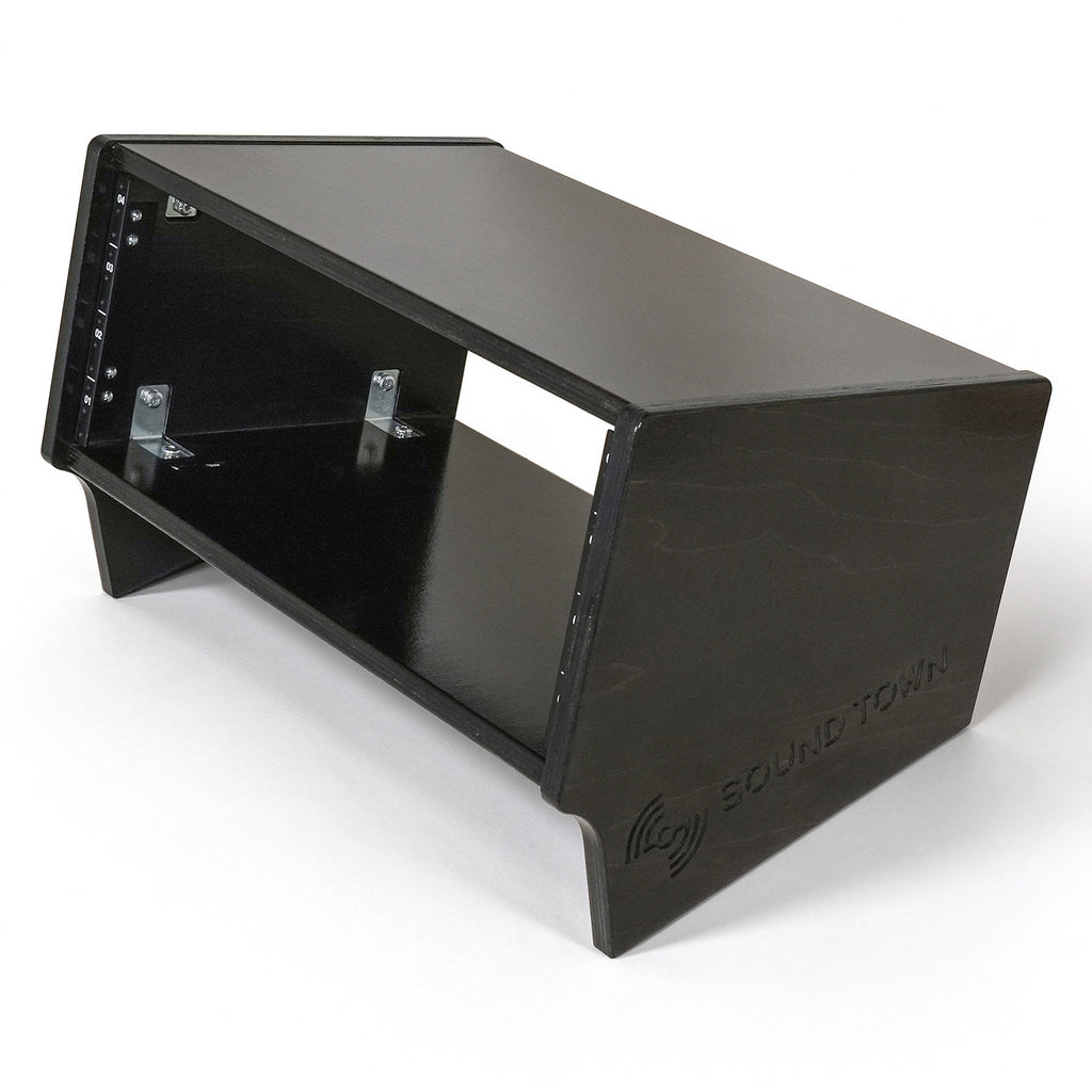 Sound Town SDRK-6SLD | DIY 6U Slanted Desktop Turret Studio Rack for Home Studio and Recording Room, Baltic Birch Plywood, Black Espresso - Left View