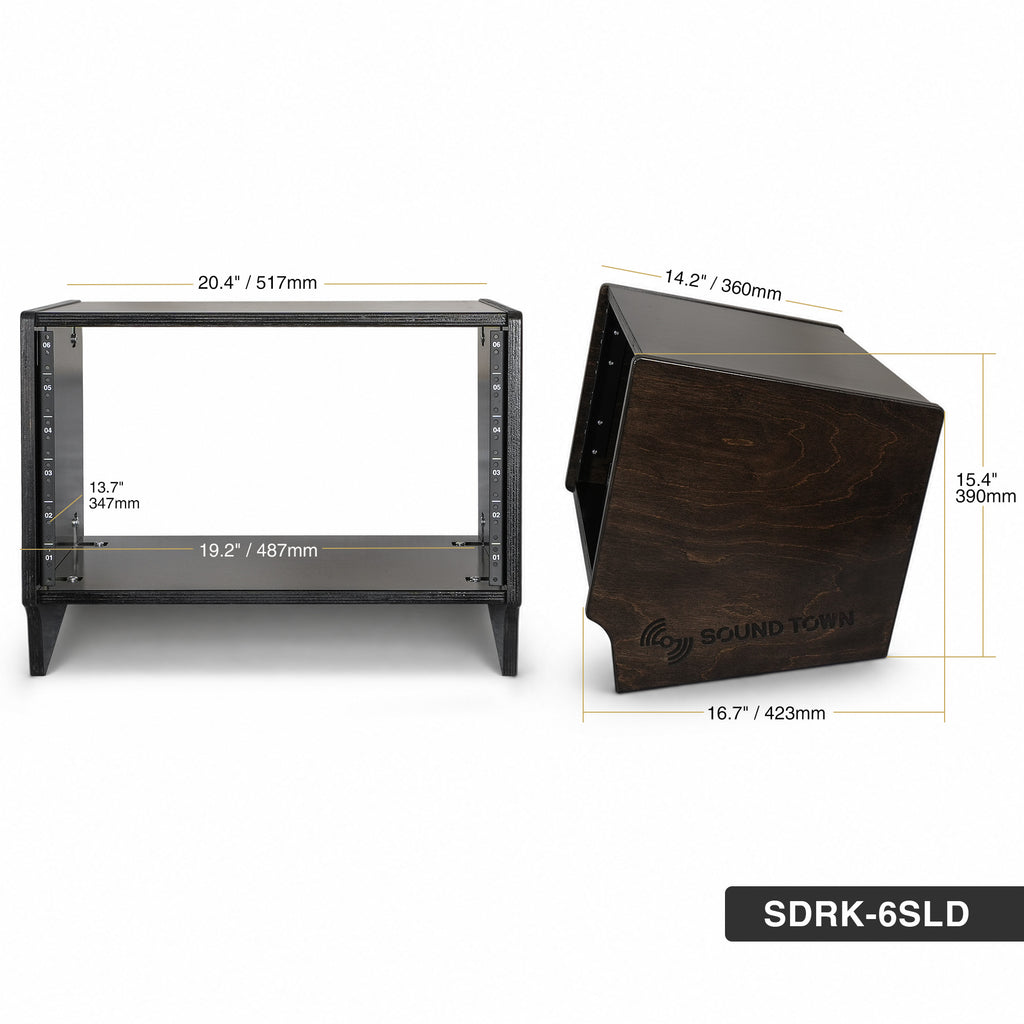 Sound Town SDRK-6SLD | DIY 6U Slanted Desktop Turret Studio Rack for Home Studio and Recording Room, Baltic Birch Plywood, Black Espresso - Size and Dimensions