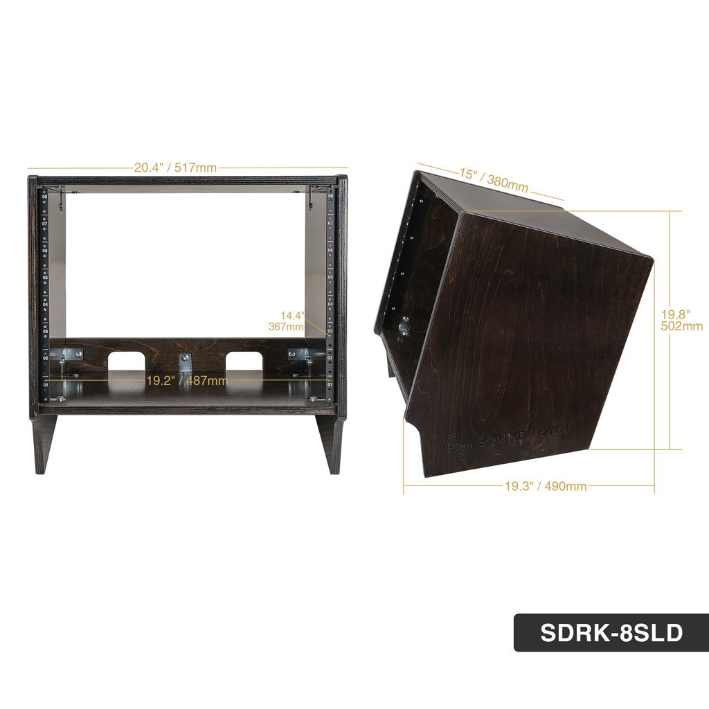 Sound Town SDRK-8SLD | DIY 8U Angled Desktop Turret Studio Rack for Home Studio and Recording Room, Baltic Birch Plywood, Black Espresso - Size and Dimensions