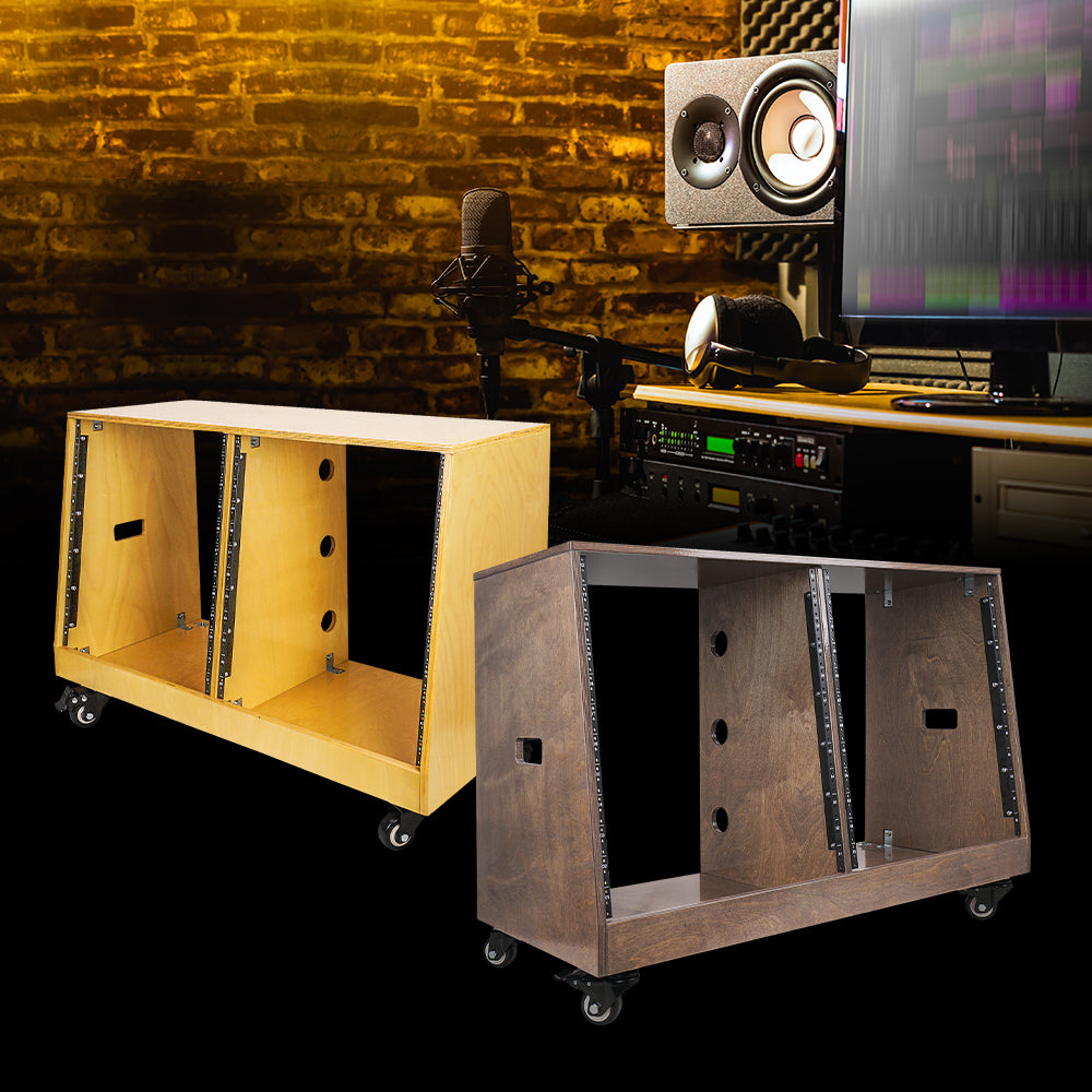 Sound Town SDRK-D12T DIY 2 x 12U Slanted Double Bay Studio Rack with Baltic Birch Plywood, Casters, Golden Oak, for Recording Room, Home Studio - Music / Audio Equipment