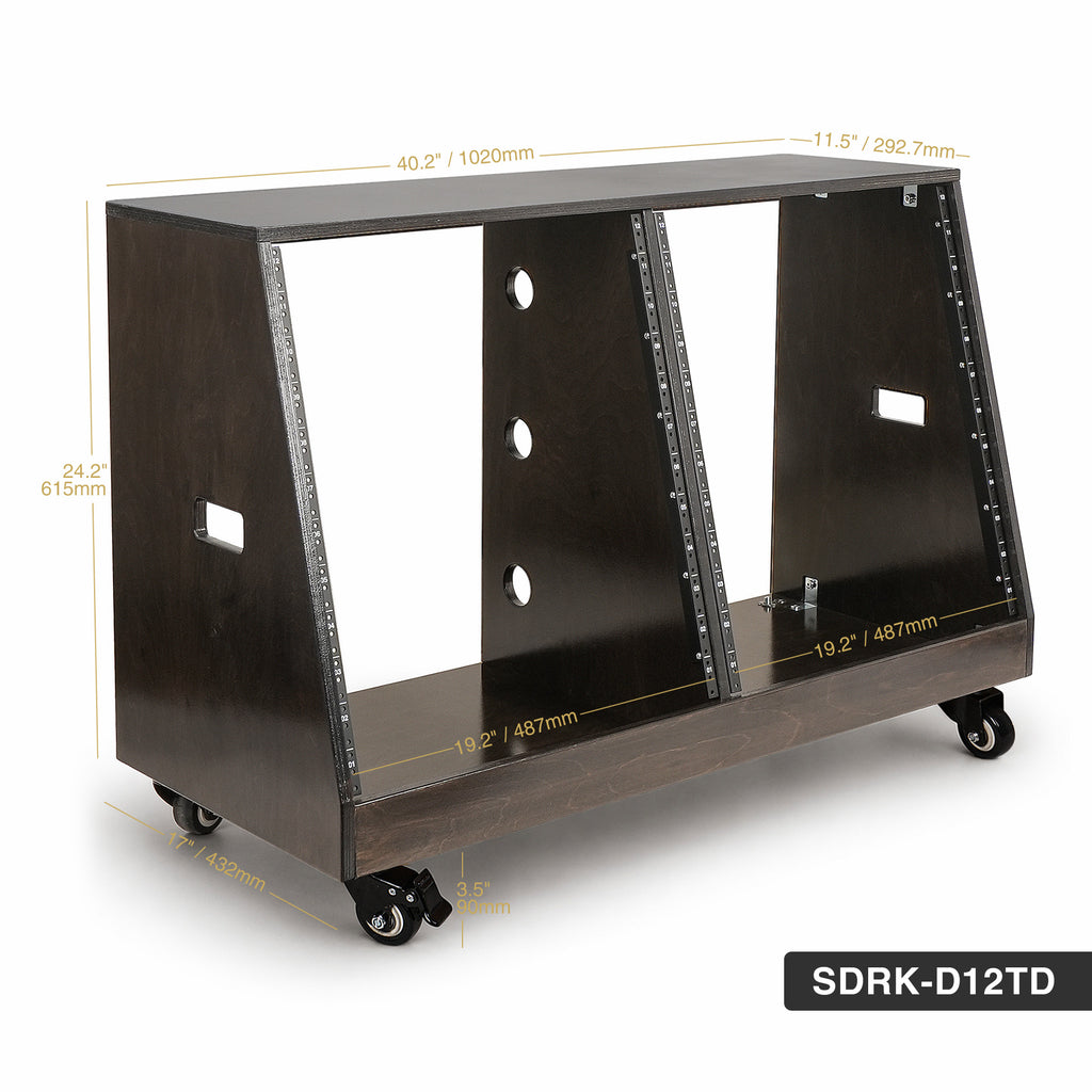 SDRK-D12TD | DIY 2 x 12U Slanted Double-Bay Studio Rack with Casters for Home Studio and Recording Room, Baltic Birch Plywood, Black Espresso - Size and Dimensions