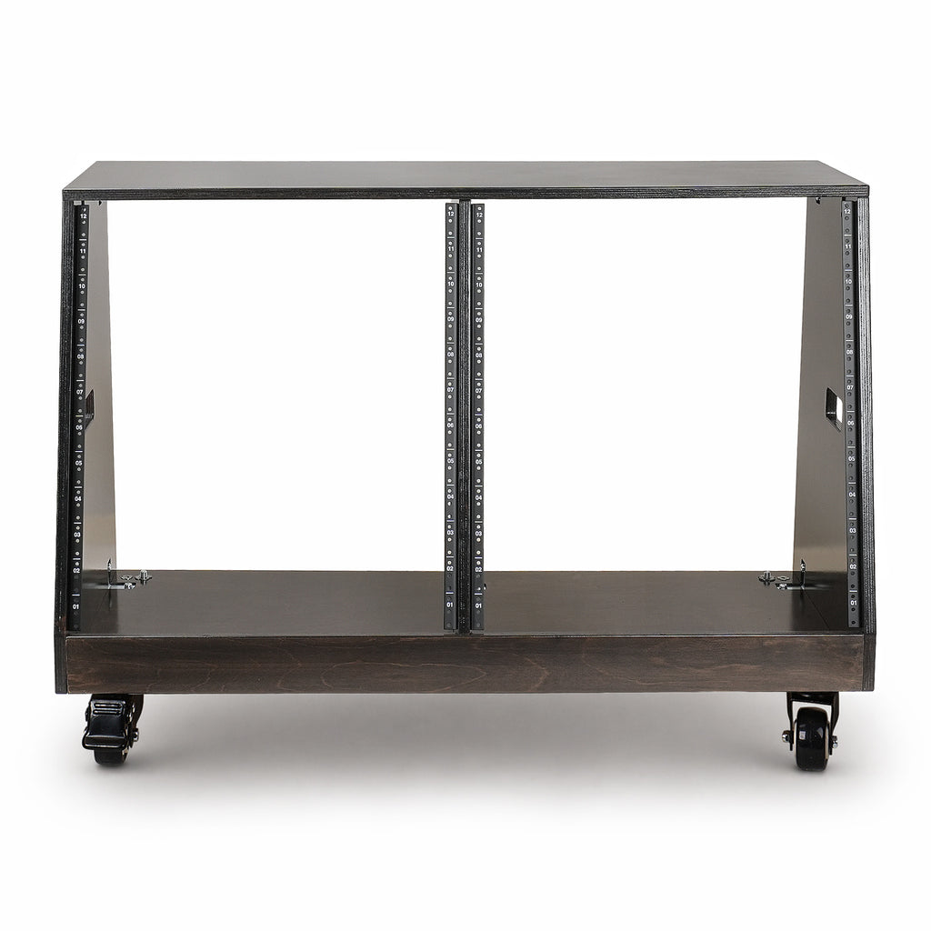 SDRK-D12TD | DIY 2 x 12U Slanted Double-Bay Studio Rack with Casters for Home Studio and Recording Room, Baltic Birch Plywood, Black Espresso - Front Panel