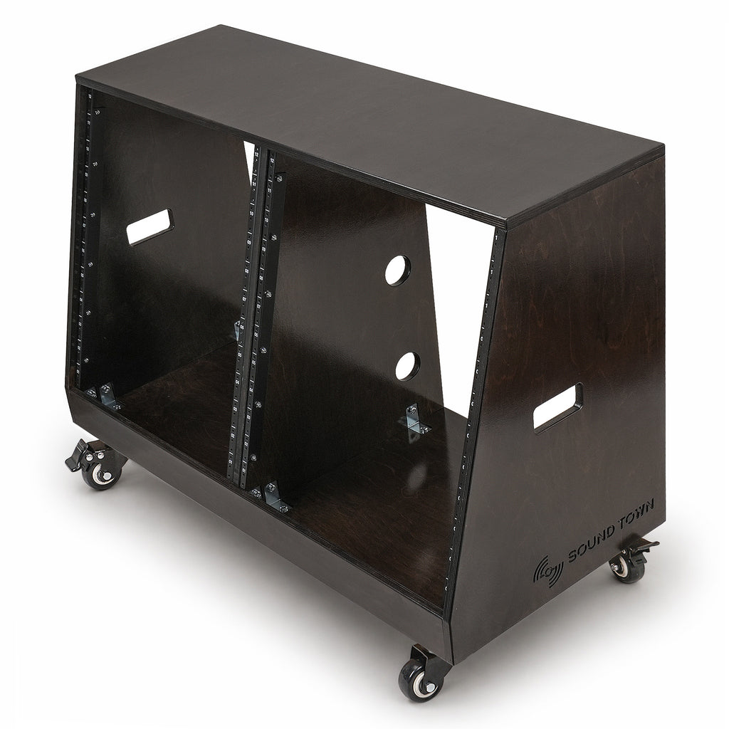 SDRK-D12TD | DIY 2 x 12U Slanted Double-Bay Studio Rack with Casters for Home Studio and Recording Room, Baltic Birch Plywood, Black Espresso - Left View