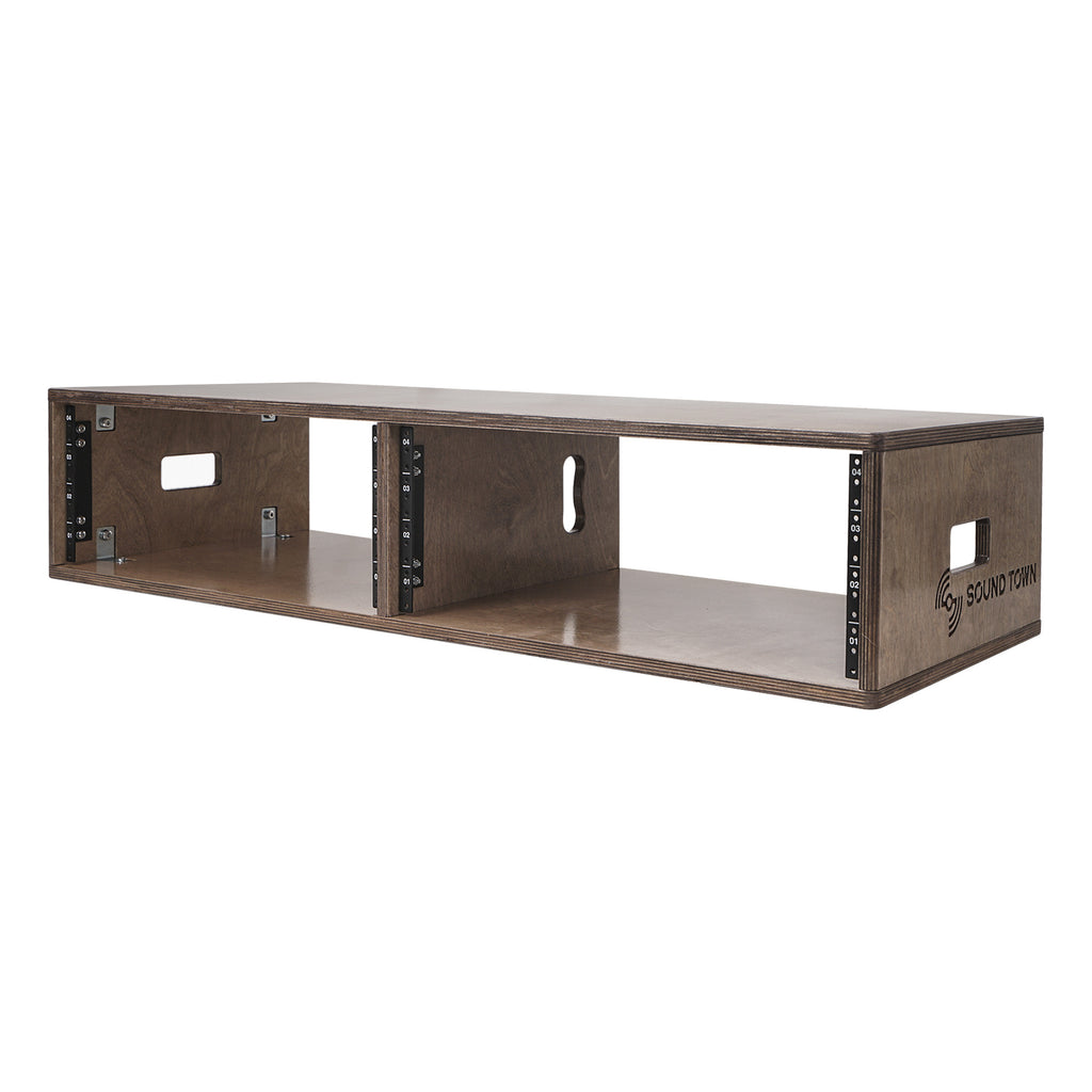 Sound Town SDRK-D4B-R 2 x 4U (4-Space) Double Bay Studio Equipment Rack, Weathered Brown Plywood, for Recording Room, Home Studio, Refurbished- Left Panel
