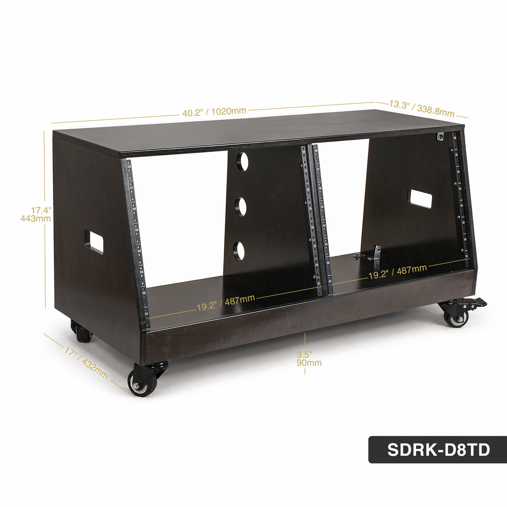 Sound Town SDRK-D8TD | DIY 2 x 8U Slanted Double-Bay Studio Rack with Casters for Home Studio and Recording Room, Baltic Birch Plywood, Black Espresso - Size and Dimensions