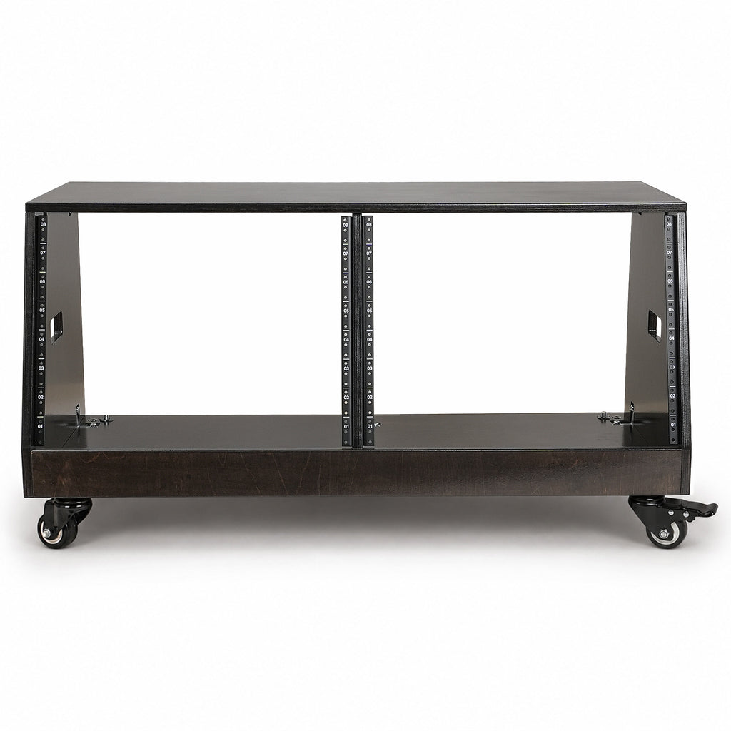 Sound Town SDRK-D8TD | DIY 2 x 8U Slanted Double-Bay Studio Rack with Casters for Home Studio and Recording Room, Baltic Birch Plywood, Black Espresso - Front View