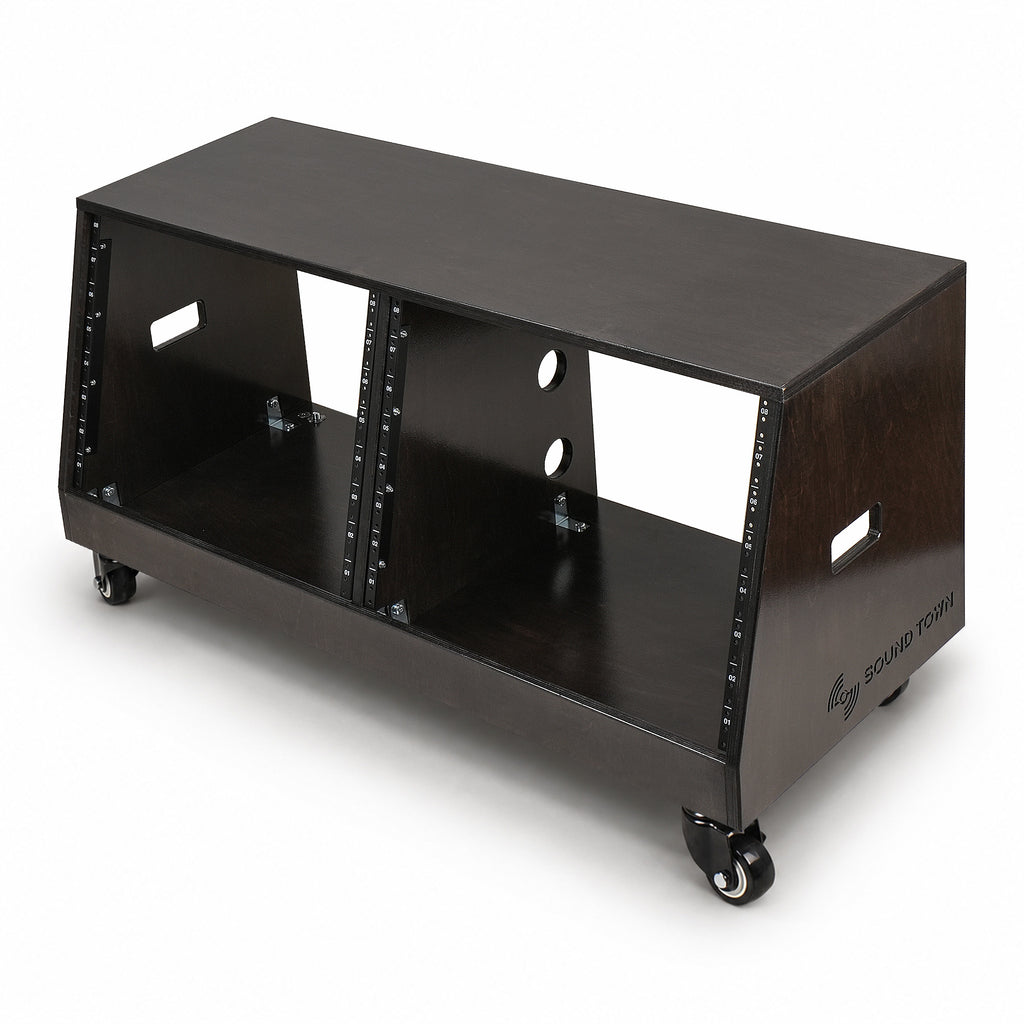 Sound Town SDRK-D8TD | DIY 2 x 8U Slanted Double-Bay Studio Rack with Casters for Home Studio and Recording Room, Baltic Birch Plywood, Black Espresso - Left View