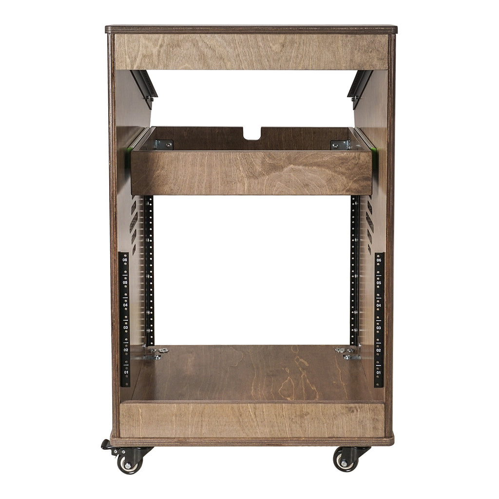 ound Town SDRK-M11X10B-R | REFURBISHED: DIY Studio Rack with 11U Slant Mixer Top, 10U Front, 2U Drawer, Rubber Feet, Casters, Baltic Plywood, Weathered Brown  - Back View