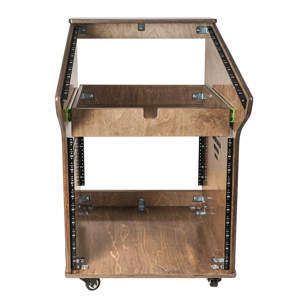 Sound Town SDRK-M11X10B-R | REFURBISHED: DIY Studio Rack with 11U Slant Mixer Top, 10U Front, 2U Drawer, Rubber Feet, Casters, Baltic Plywood, Weathered Brown  - Front View, Rack Mountable