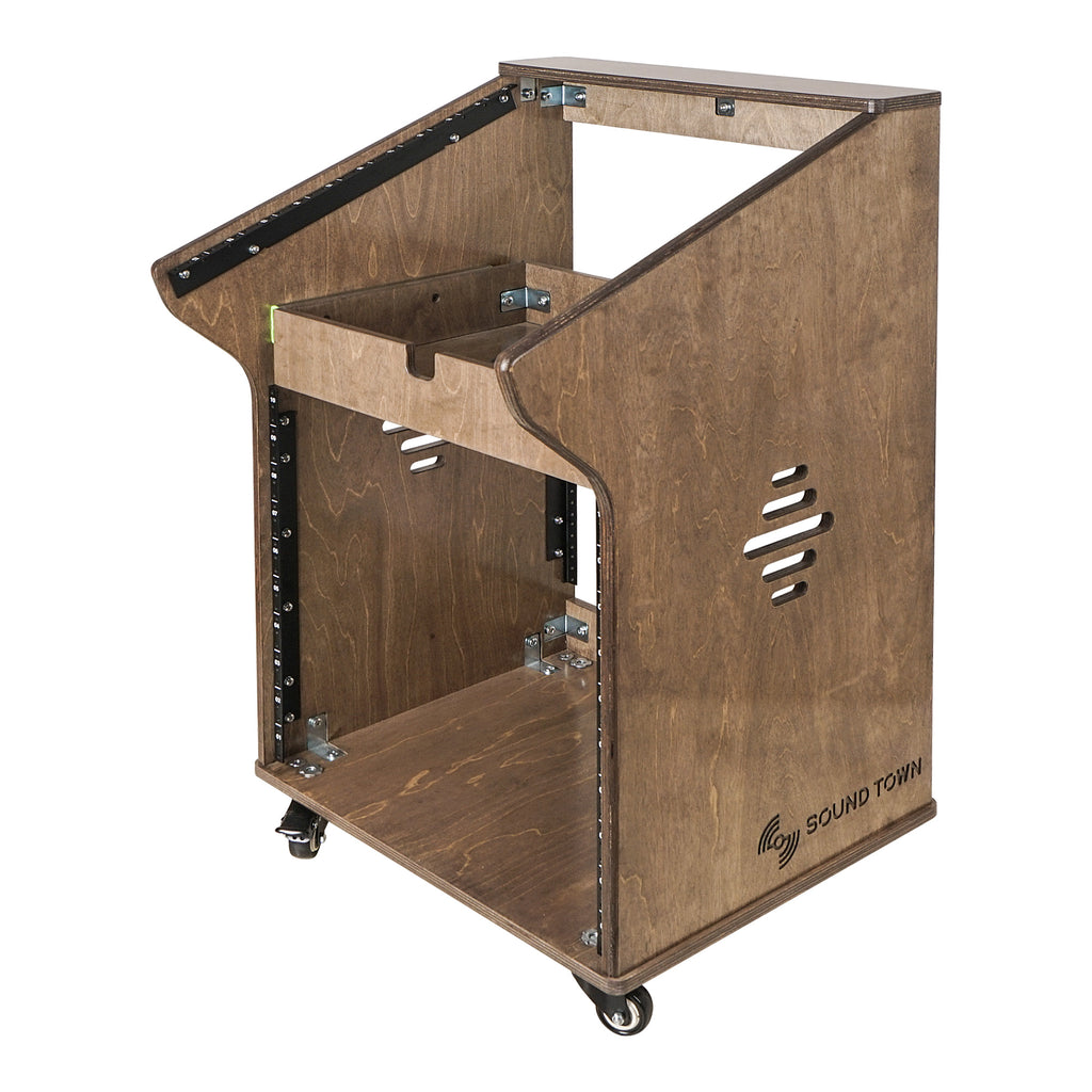 Sound Town SDRK-M11X10B-R | REFURBISHED: DIY Studio Rack with 11U Slant Mixer Top, 10U Front, 2U Drawer, Rubber Feet, Casters, Baltic Plywood, Weathered Brown—Right View