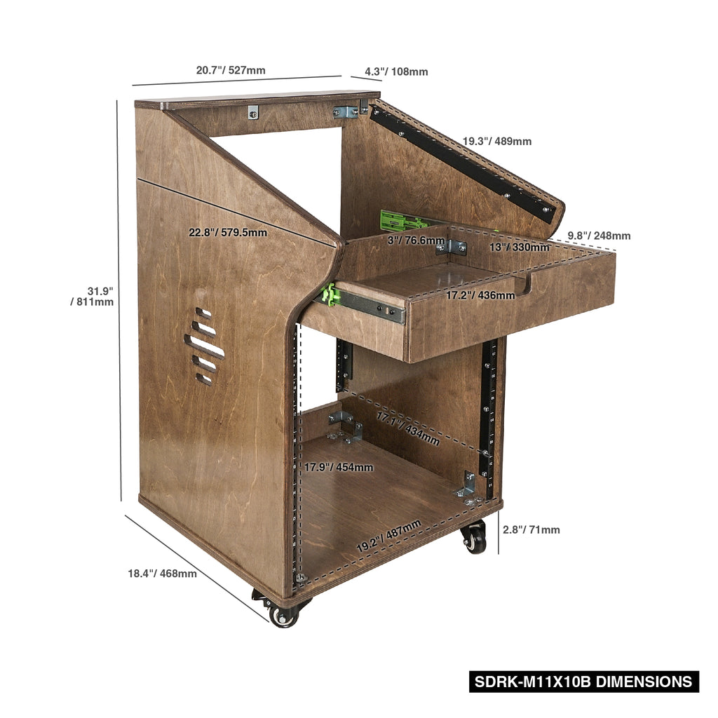 Sound Town SDRK-M11X10B-R | REFURBISHED: DIY Studio Rack with 11U Slant Mixer Top, 10U Front, 2U Drawer, Rubber Feet, Casters, Baltic Plywood, Weathered Brown  - Size and Dimensions 