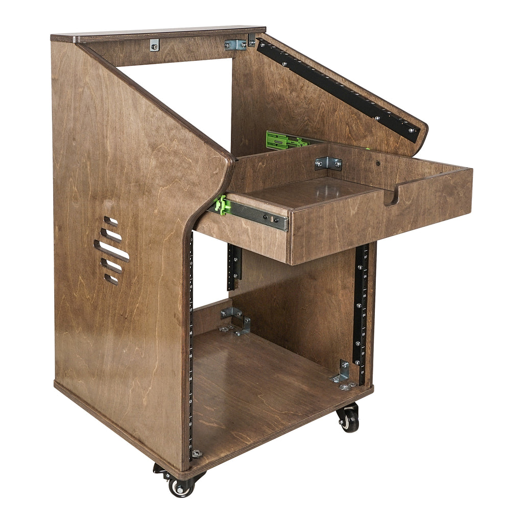 Sound Town SDRK-M11X10B-R | REFURBISHED: DIY Studio Rack with 11U Slant Mixer Top, 10U Front, 2U Drawer, Rubber Feet, Casters, Baltic Plywood, Weathered Brown - Ventilation Cutouts