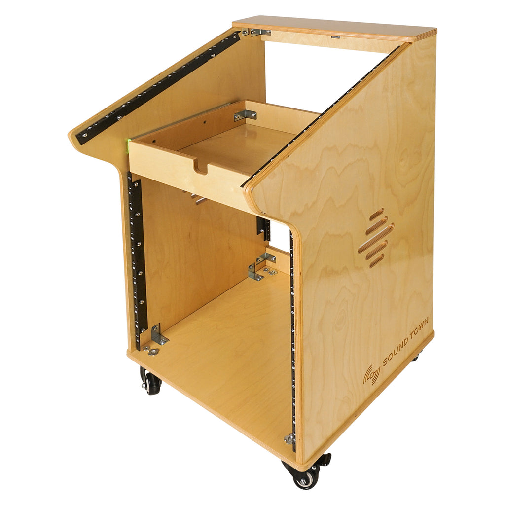 Sound Town SDRK-M11X12-R | REFURBISHED: DIY Studio Rack with 11U Slant Mixer Top, 12U Front, 2U Drawer, Rubber Feet, Casters, Baltic Plywood, Golden Oak - Right View