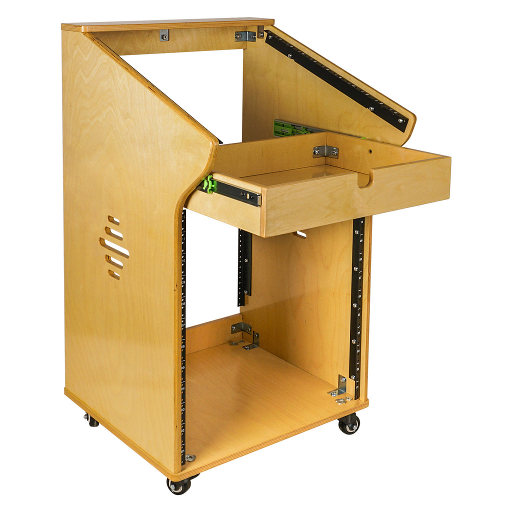 Sound Town SDRK-M11X12 | DIY Studio Rack with 11U Slant Mixer Top, 12U Front, 2U Drawer, Rubber Feet, Casters, Baltic Plywood, Golden Oak - Ventilation Cutouts