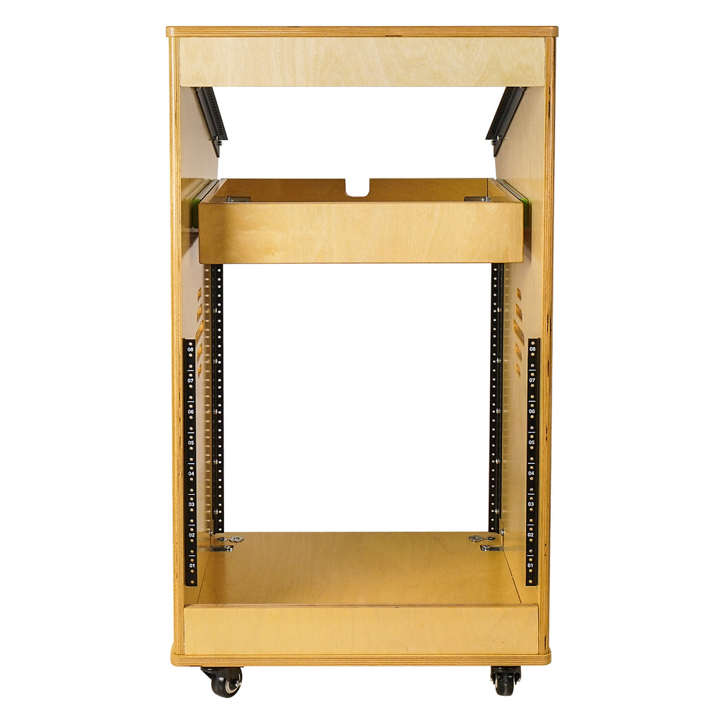 Sound Town SDRK-M11X12 |  DIY Studio Rack with 11U Slant Mixer Top, 12U Front, 2U Drawer, Rubber Feet, Casters, Baltic Plywood, Golden Oak - Back View