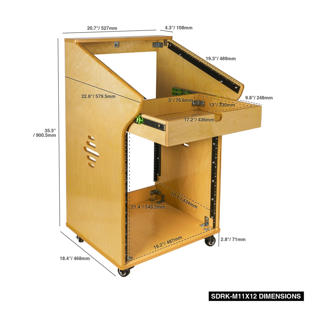 Sound Town SDRK-M11X12 | DIY Studio Rack with 11U Slant Mixer Top, 12U Front, 2U Drawer, Rubber Feet, Casters, Baltic Plywood, Golden Oak - Size and Dimensions