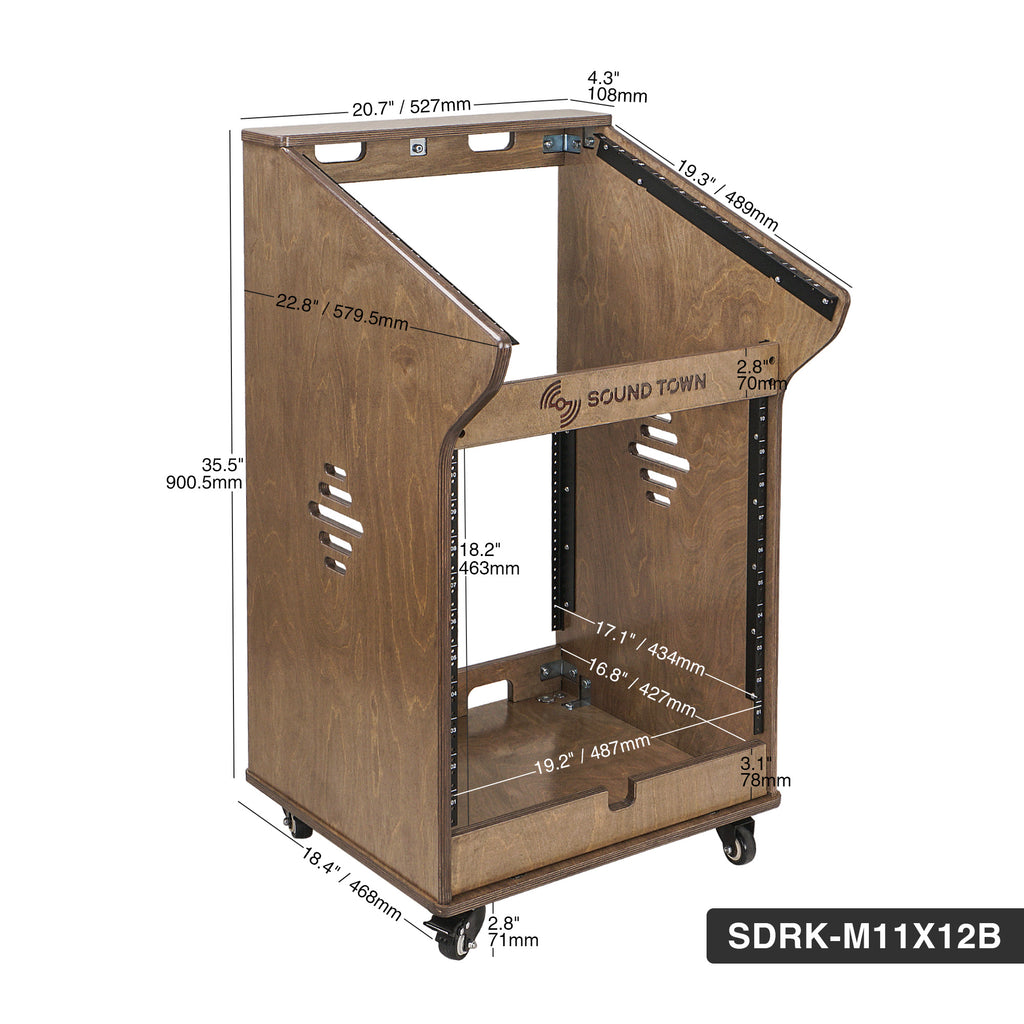 Sound Town SDRK-M11X12B | DIY Studio Rack with 11U Slant Mixer Top, 10U Front Rack, 2U Bottom Storage, Casters, Rubber Feet, Baltic Plywood, Weathered Brown - Size & Dimensions 